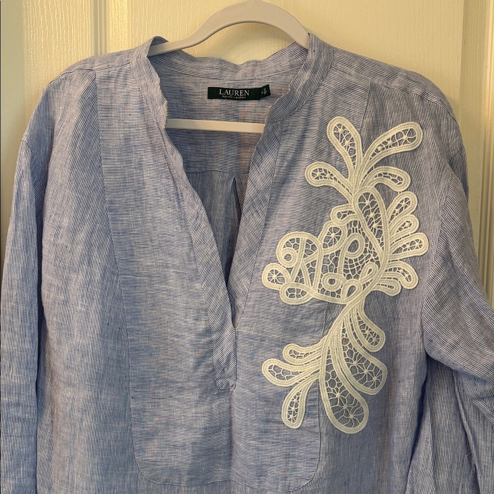 Ralph Lauren Blue Top with White Lace Detail